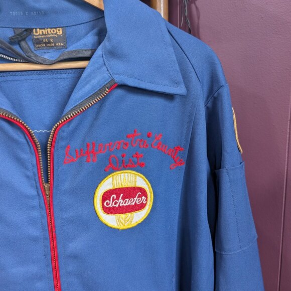 Vintage 70s Men's Miller High Life Blue Jacket Patch Chain Stitch Size 44 Large - Picture 2 of 8